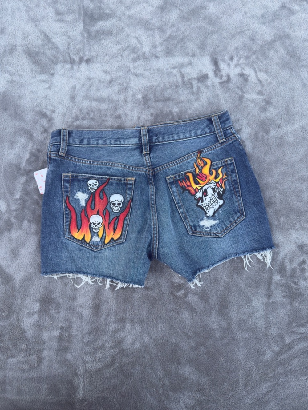 FREE PEOPLE Distressed Light Blue Denim Cutoff Shorts WITH Art Hand Painted.